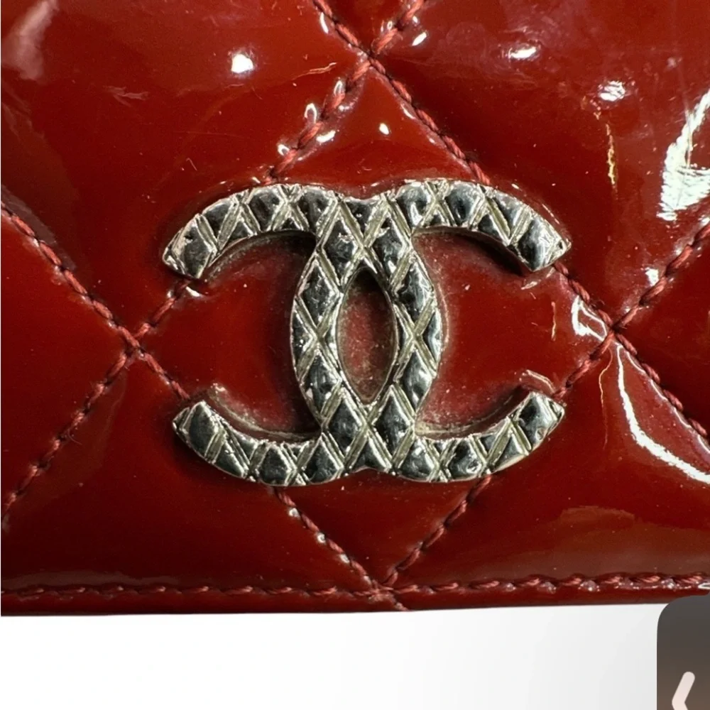CHANEL Red Quilted Patent Leather Wallet with Silver CC Logo
